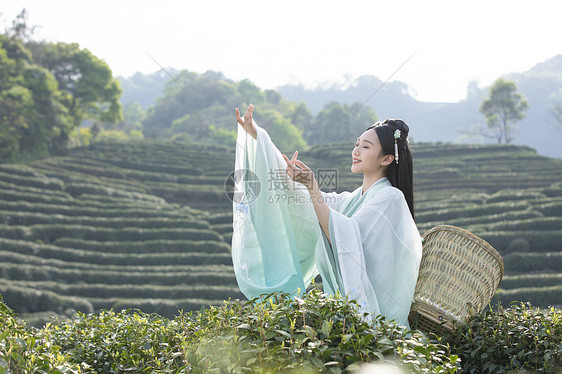 汉服古装美女背茶篓采茶图片