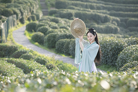 古代美女线描汉服古装美女拿斗笠背景