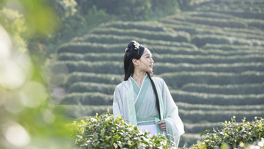 汉服古装美女背茶篓采茶图片