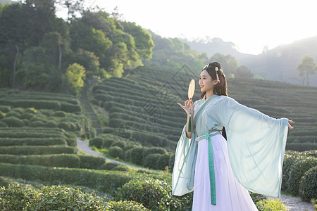 汉服古装美女茶园里跳舞图片