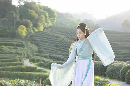 茶女古典素材汉服古装美女茶园里跳舞背景