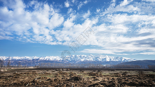 新疆特克斯草原新疆天山山脉雪山草原背景