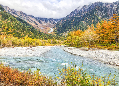 秋分风景日本阿尔卑斯山地标风景-上高地的秋天背景