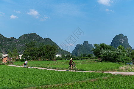 桂林水墨在田间骑着自行车的农民背景