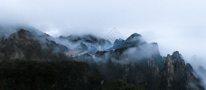 水墨黄山天都峰云海全景图片