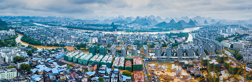 全景航拍夏季暴雨洪水围城内涝建筑群图片