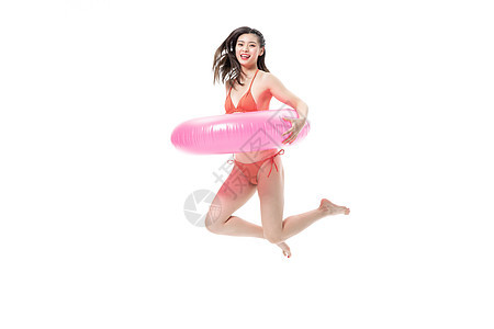 夏日泳装美女拿着游泳圈背景图片