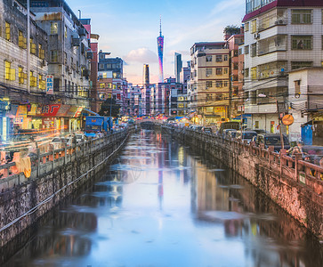 下午城市街道广东广州城中村和cbd风光背景