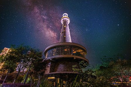 灯塔夜景风光灯塔银河背景