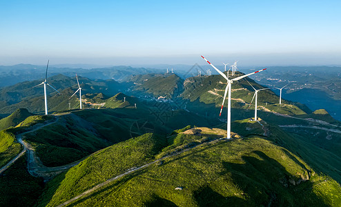 新能源风车山顶草原风力发电风车航拍摄影图片背景
