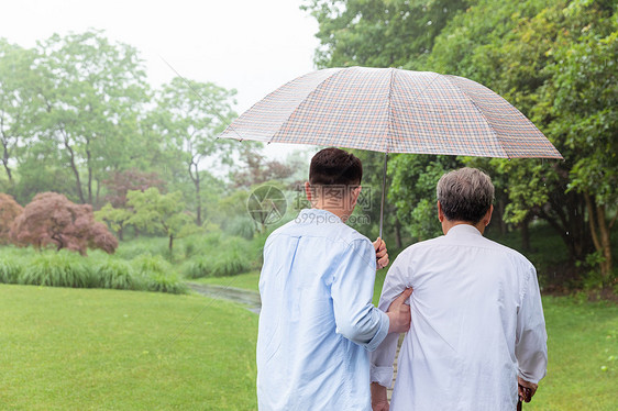 中老年父子下雨天撑伞逛公园背影图片