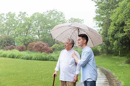 中老年父子撑伞下雨天逛公园图片