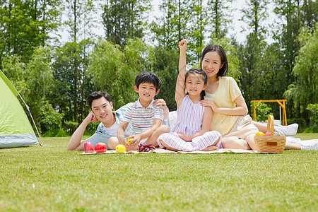 一家四口家庭出游野餐黄种人高清图片素材