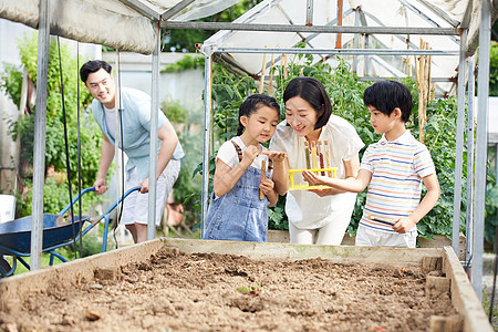 一家四口在菜园研究种子田园高清图片素材