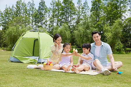 一家四口家庭出游野餐游玩高清图片素材
