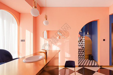 室内设计粉蓝撞色风格餐桌背景图片