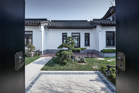 山东中式别墅景观大院开门背景图片