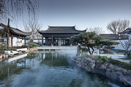 山东中式别墅景观水池背景图片