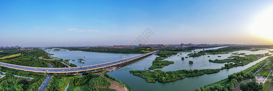 蓝天与公路马路航拍正定自贸区湿地全景背景