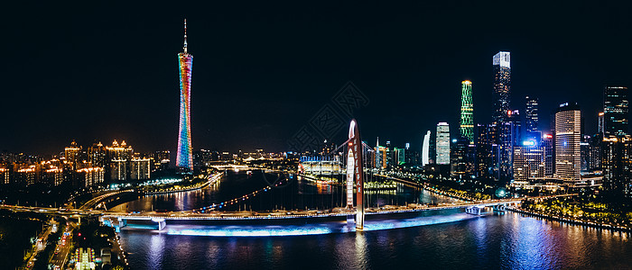 猎德大桥夜景航拍全景广州珠江夜景城市建筑背景