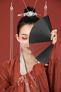 古风汉服美女拿扇子遮脸图片素材