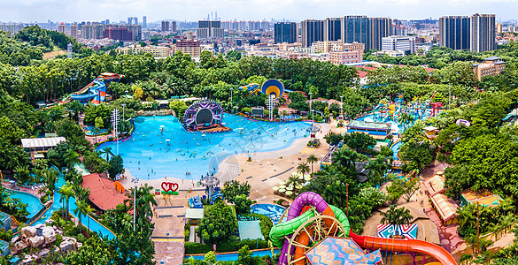 雨后城市全景航拍广州长隆水上乐园水上世界背景