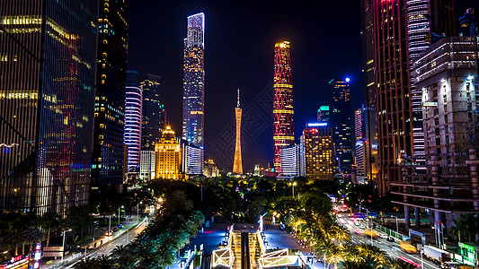 俯视城市夜景航拍广州CBD写字楼小蛮腰摩天大楼背景