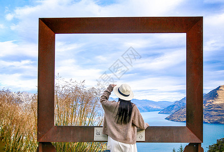 展示卡新西兰眺望普卡基湖的女孩背影背景