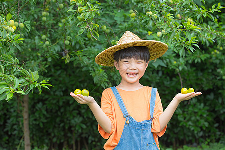 小男孩双手拿摘到的水果图片