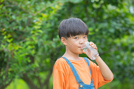 树林前男孩拿着水杯喝水图片