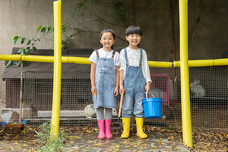 小男孩和小女孩农场喂动物图片