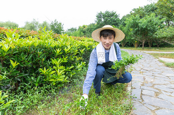 农夫在农场里摘杂草图片