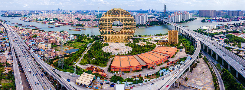 手绘广州圆大厦航拍广州海珠区城市交通建筑风光背景