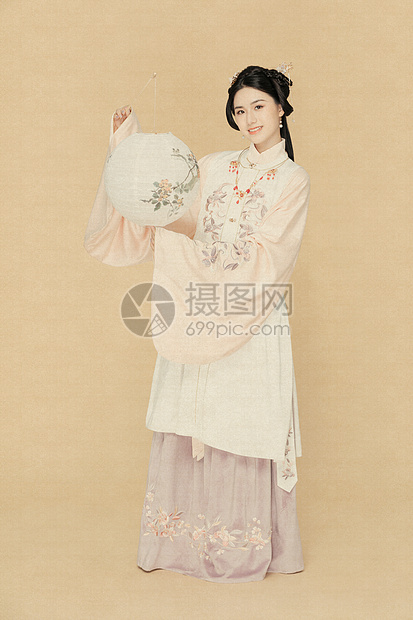 工笔画古风汉服美女提灯笼图片