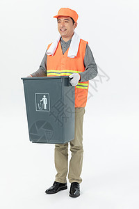 环卫工人捧垃圾桶背景图片