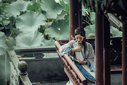 荷塘中女孩中国风古风汉服美女坐在亭子里看书背景