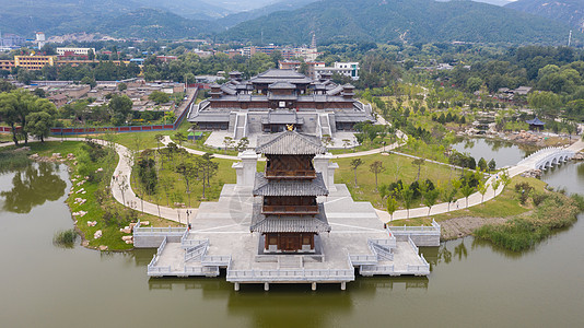 山西太原晋祠古建筑航拍背景