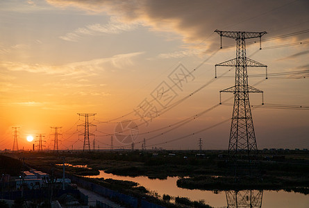 夕阳落日晚霞高压电网背景图片