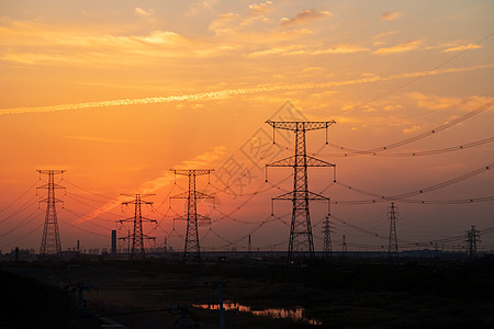 夕阳落日晚霞高压电网背景