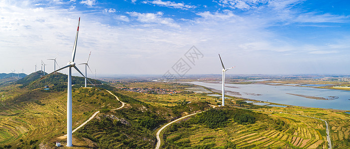 新能源青岛风车风力发电设施航拍背景