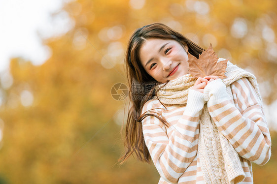 秋季可爱女孩手拿枫叶的图片