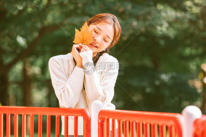 文艺清新美女手持落叶图片