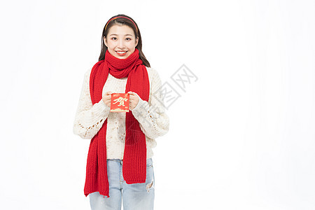 冬季可爱少女发红包过春节背景图片