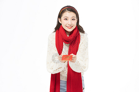 庆元旦迎新年冬季可爱少女发红包过春节背景