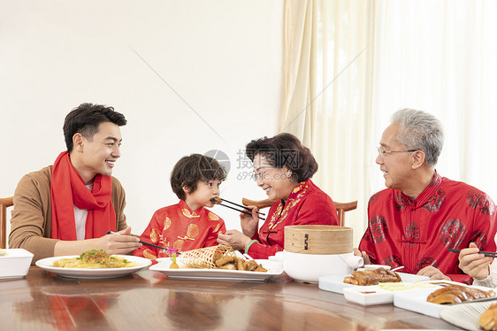 新春年夜饭奶奶夹菜喂小男孩图片