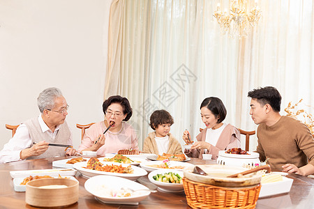 幸福一家五口团圆聚餐聊天高清图片