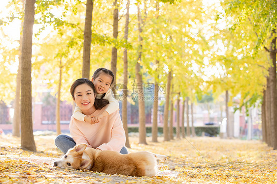 母女两人一起在树林和宠物嬉闹图片