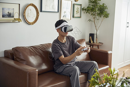 年轻男士居家VR眼镜游戏体验图片