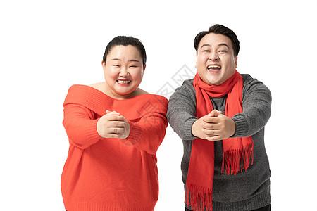 红胖子肥胖男女过年拜年动作背景