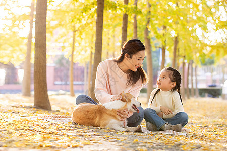 母女两人带着宠物在公园里玩耍图片